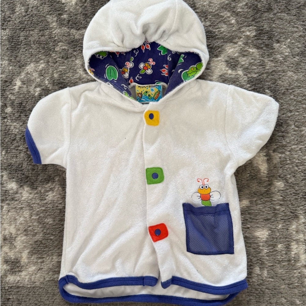 Vintage White Hooded Baby Towel Short Sleeve Frog swim cover up size 18 months